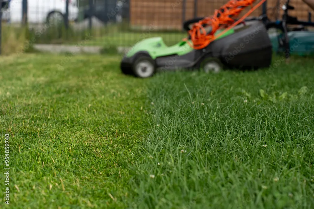 Electric lawn mower on freshly cut grass, with the mown and unmown areas side by side