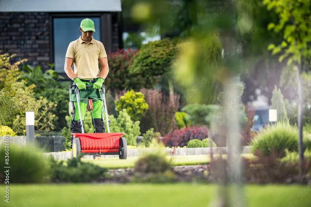 Lawn care worker spreading fertiliser across a lawn