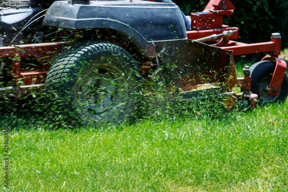 Close-up of a lawn mower cutting a lawn